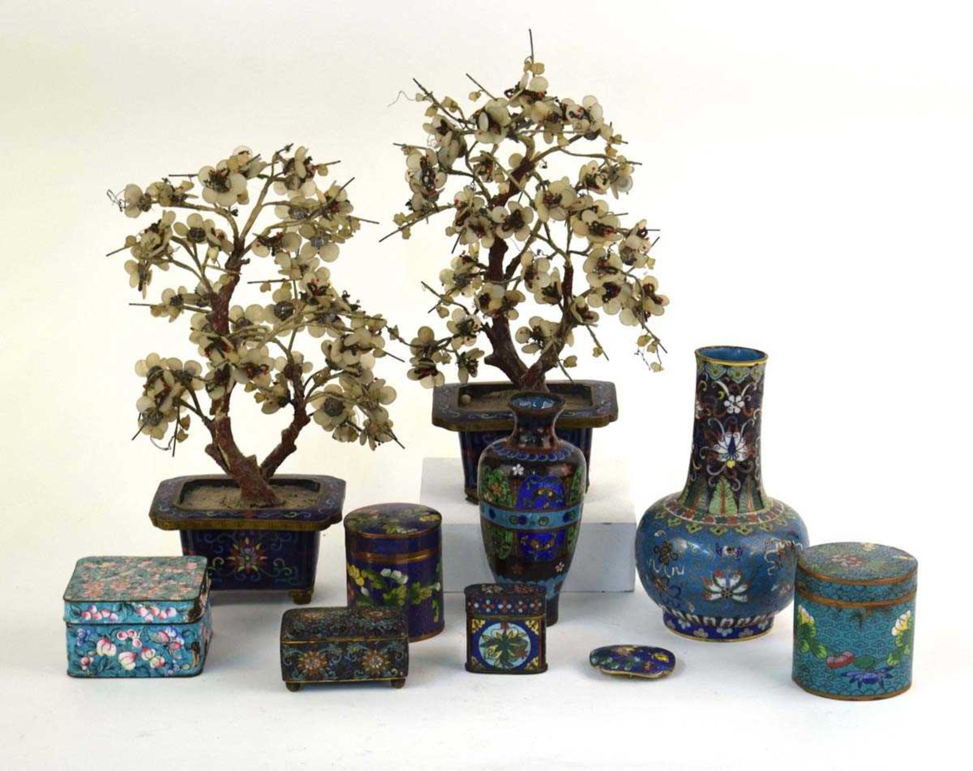 A pair of 19th century Chinese cloisonné enamelled vases, each containing a faux bonsai tree, h. - Image 2 of 31