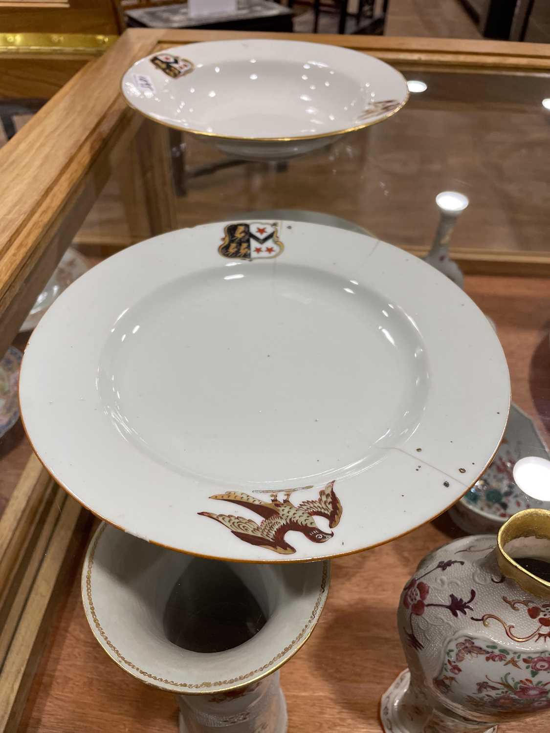 A Chinese Export armorial dish, decorated in coloured enamels with traditional figures and the (?) - Image 10 of 41