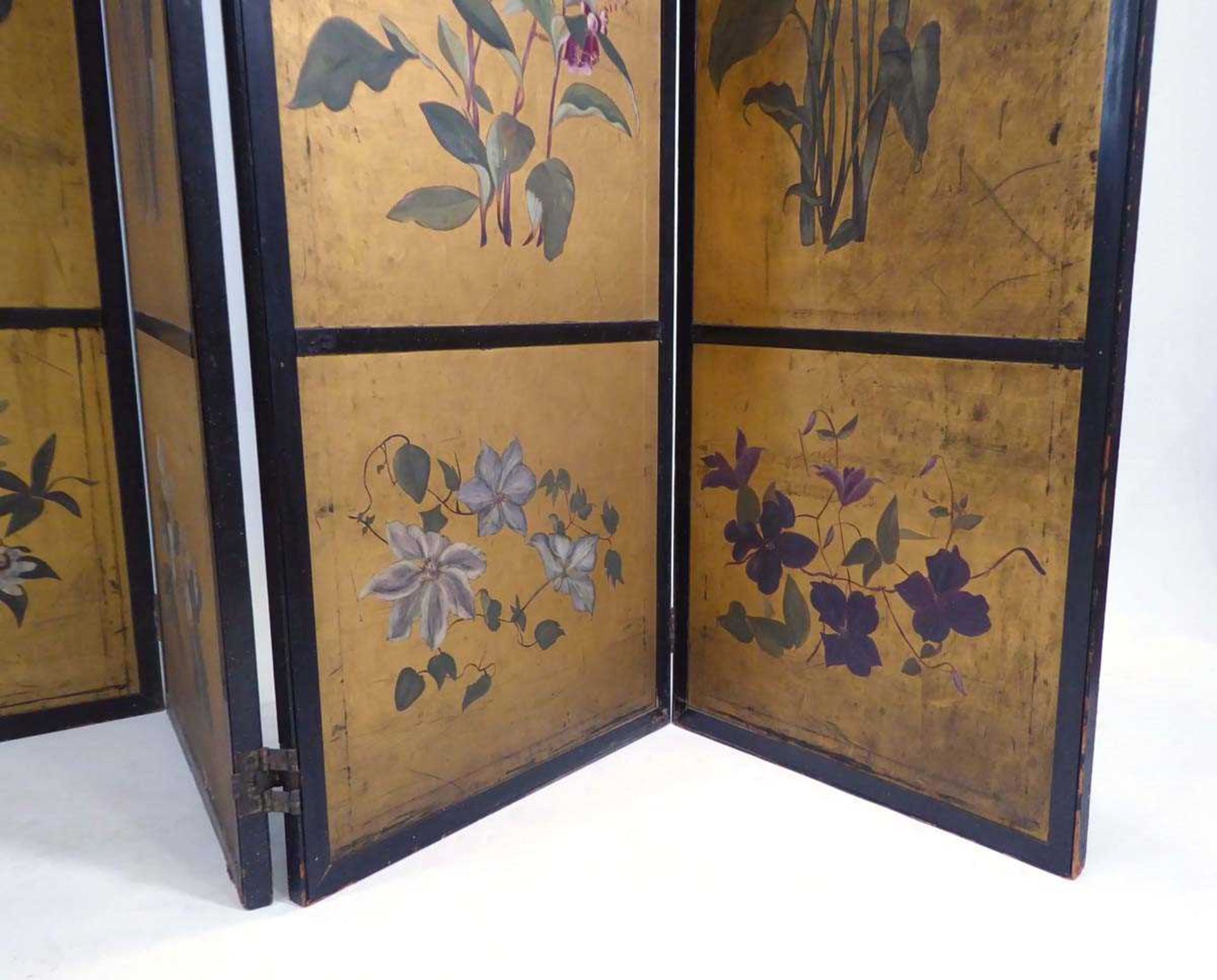 A Japanese four section screen, each panel gilt decorated with floral sprays within a black - Image 5 of 21