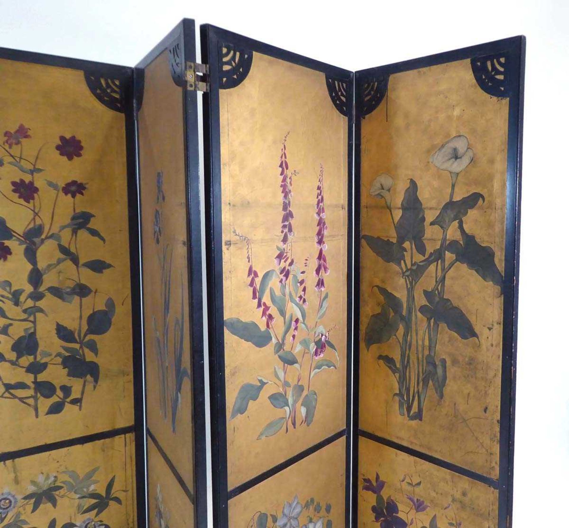 A Japanese four section screen, each panel gilt decorated with floral sprays within a black - Image 3 of 21