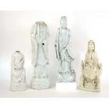 A large scale Chinese blanc de chine figure modelled as Guanyin on a naturalistic base, h. 49 cm, w.