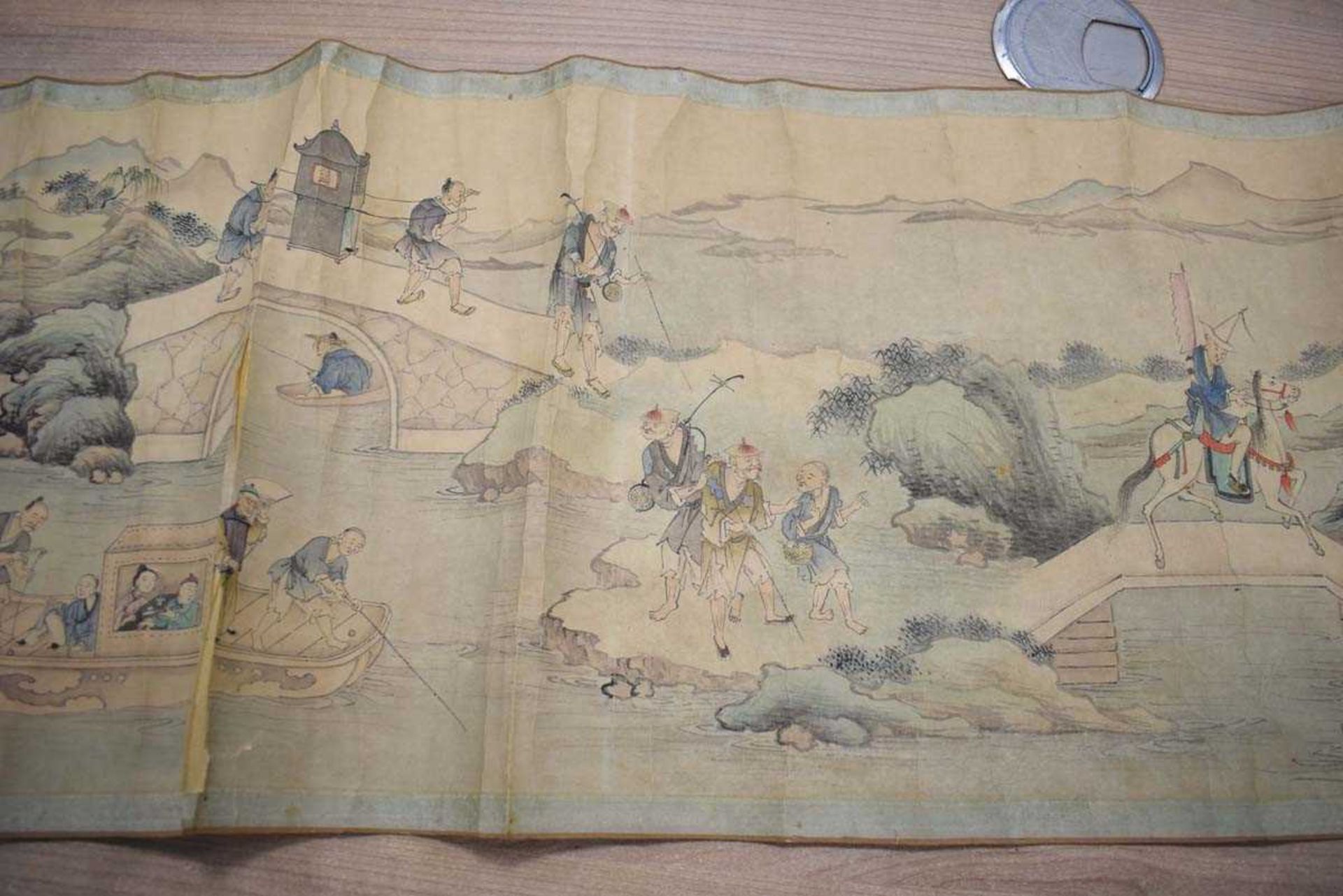 A Chinese scroll decorated with an extensive landscape, approx. 240 x 31cm, together with gilt - Image 2 of 15