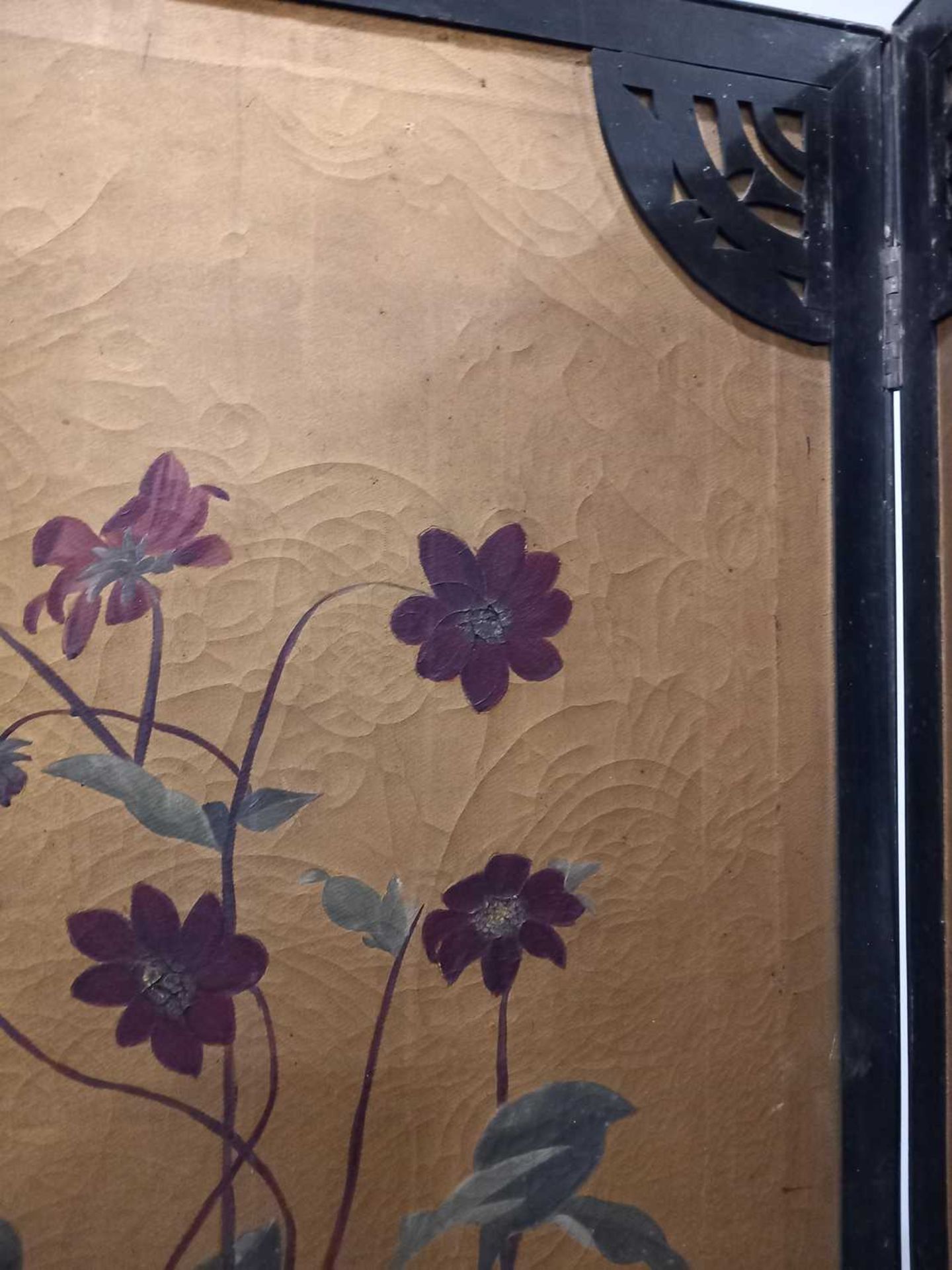 A Japanese four section screen, each panel gilt decorated with floral sprays within a black - Image 21 of 21