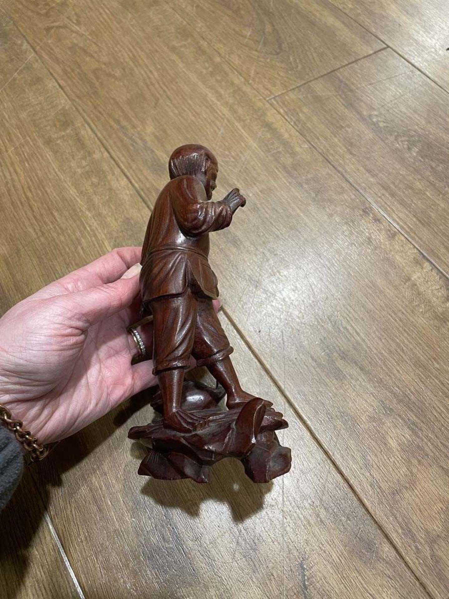 A Chinese carved wood figure modelled as a fisherman and his catch, h. 18 cm, together with ten - Image 15 of 62