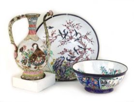 A 20th century Chinese enamel charger decorated with birds in a blossoming tree, d. 35 cm,