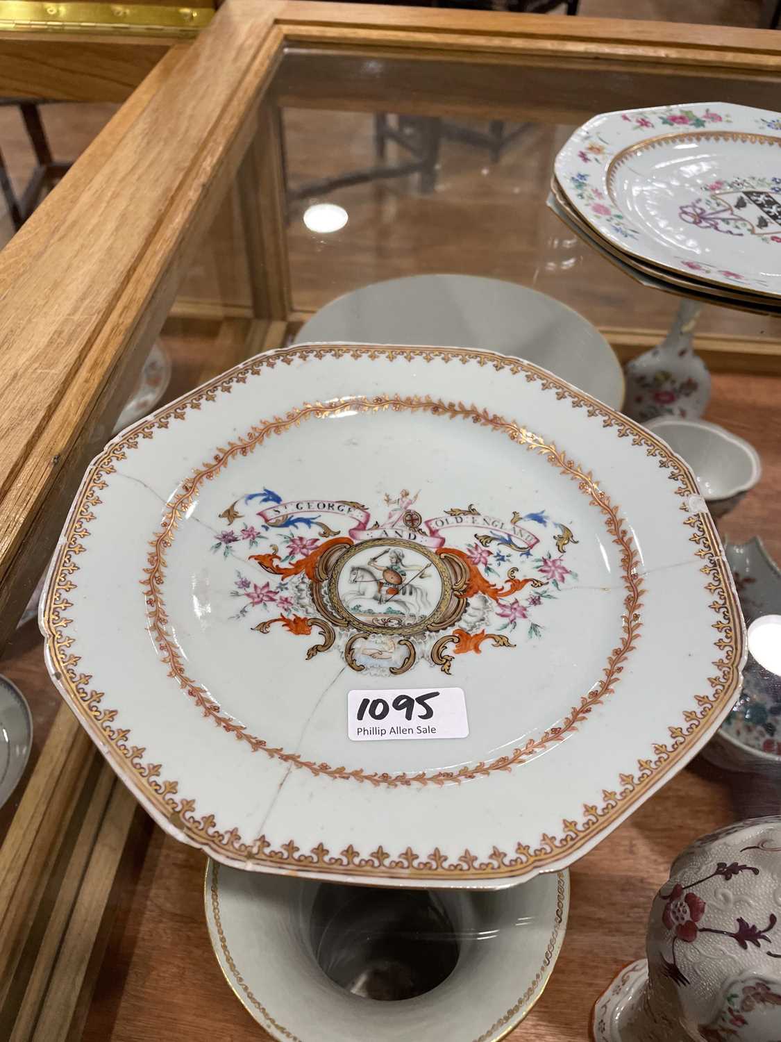 A Chinese Export armorial dish, decorated in coloured enamels with traditional figures and the (?) - Image 6 of 41