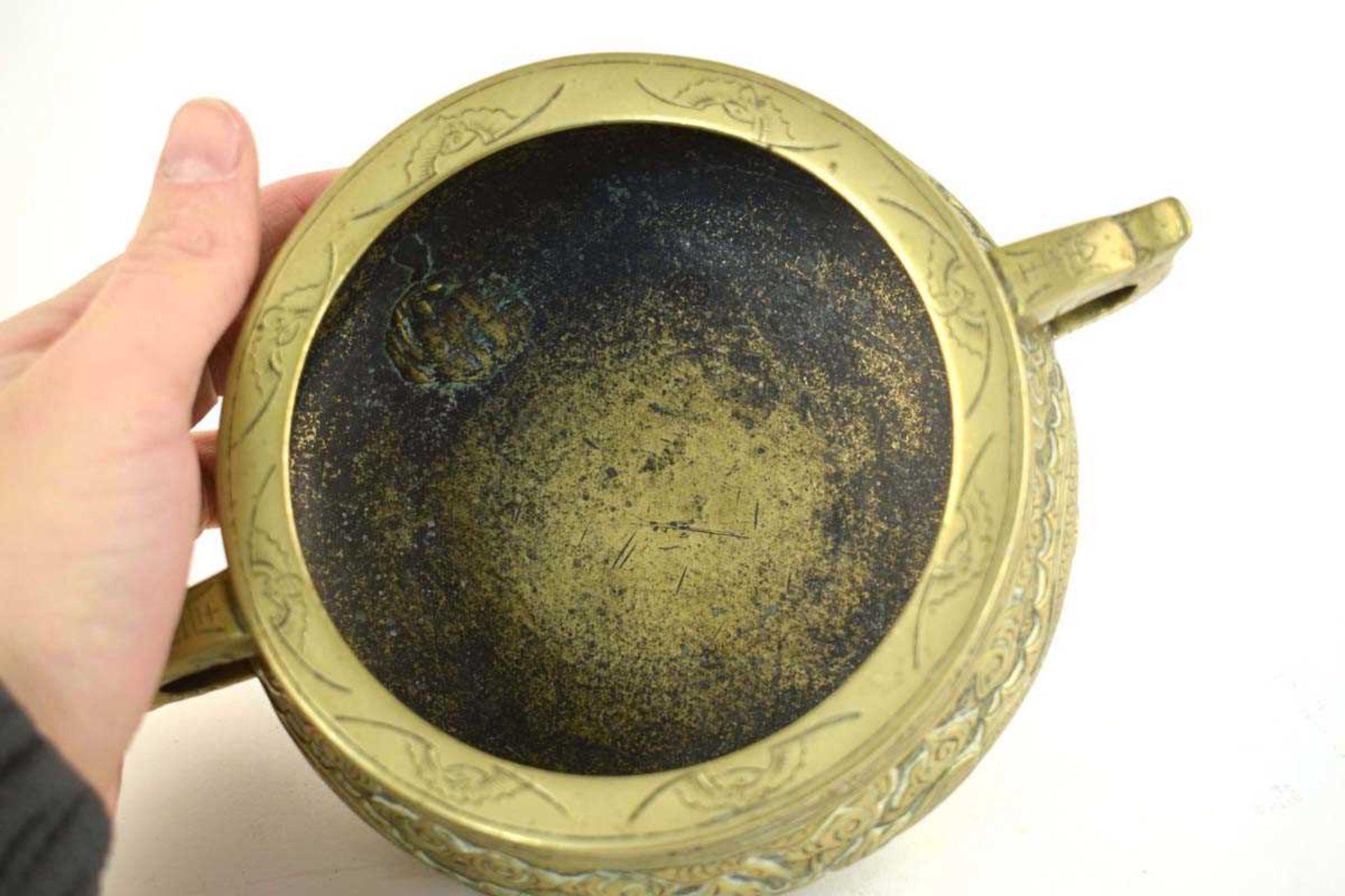 A 19th century Chinese bronze two handled censer relief decorated with stylised dragons on three - Image 5 of 15