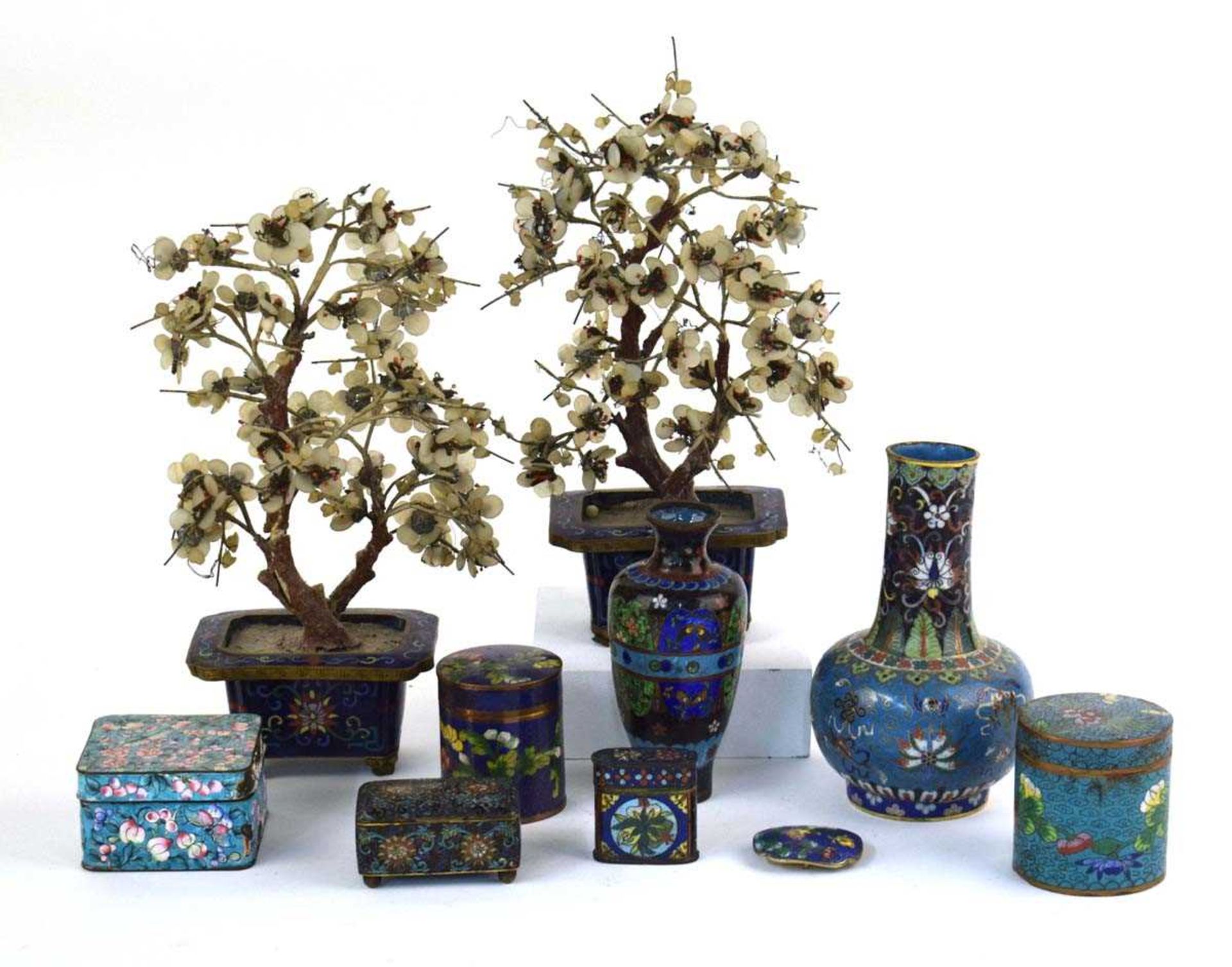 A pair of 19th century Chinese cloisonné enamelled vases, each containing a faux bonsai tree, h. - Image 3 of 31