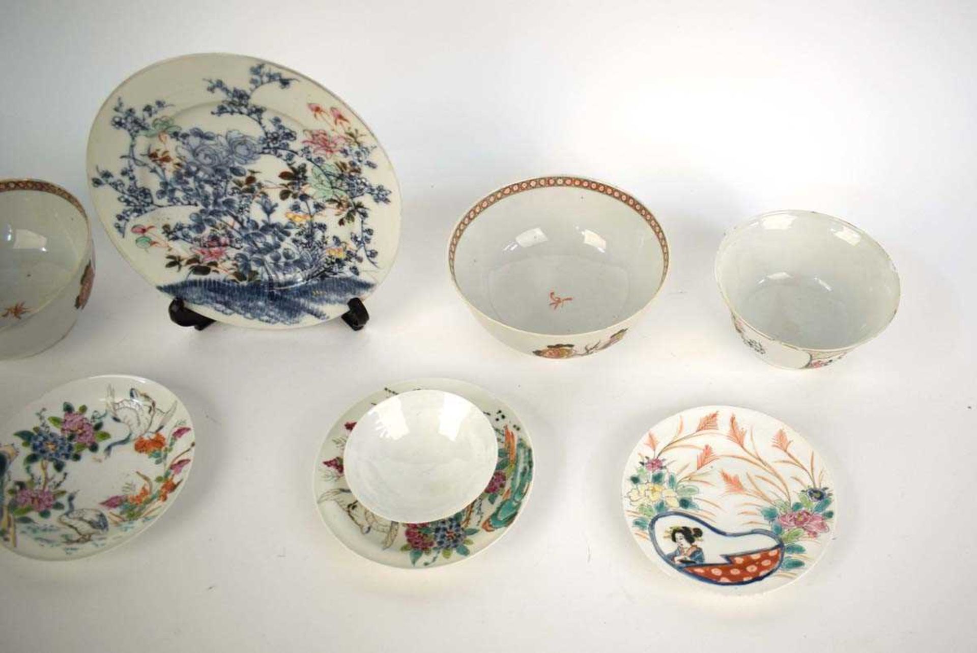 A group of Japanese eggshell porcelain including five saucers, each decorated in coloured enamels - Image 3 of 13