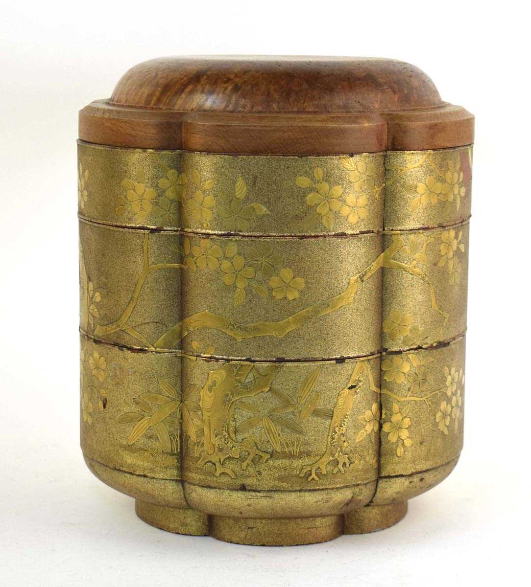 A Japanese three stage lacquer work Jūbako box of flowerhead form, the later burr wood cover over - Image 2 of 4
