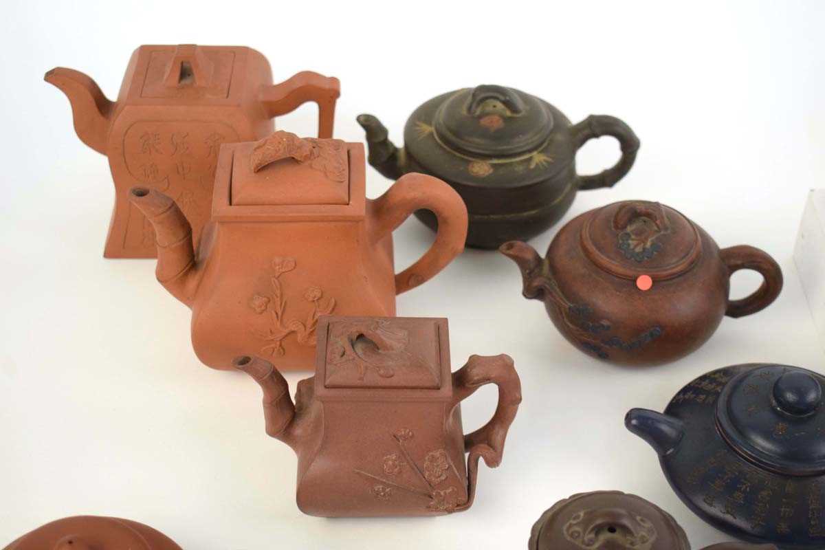 Thirteen Yixing teapots including a double chamber example, h. 10 cm, w. 21 cm, d. 8 cm, various - Image 3 of 18