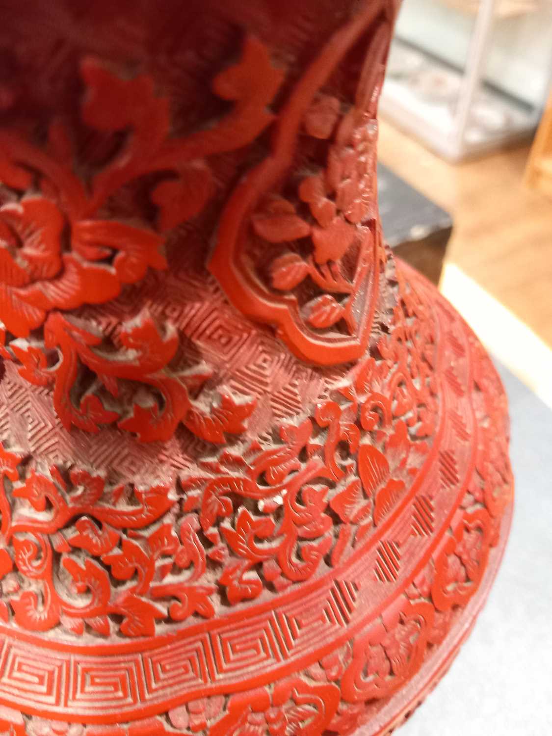 A Chinese cinnabar lacquer-type table lamp base, typically decorated with traditional landscapes and - Image 12 of 15