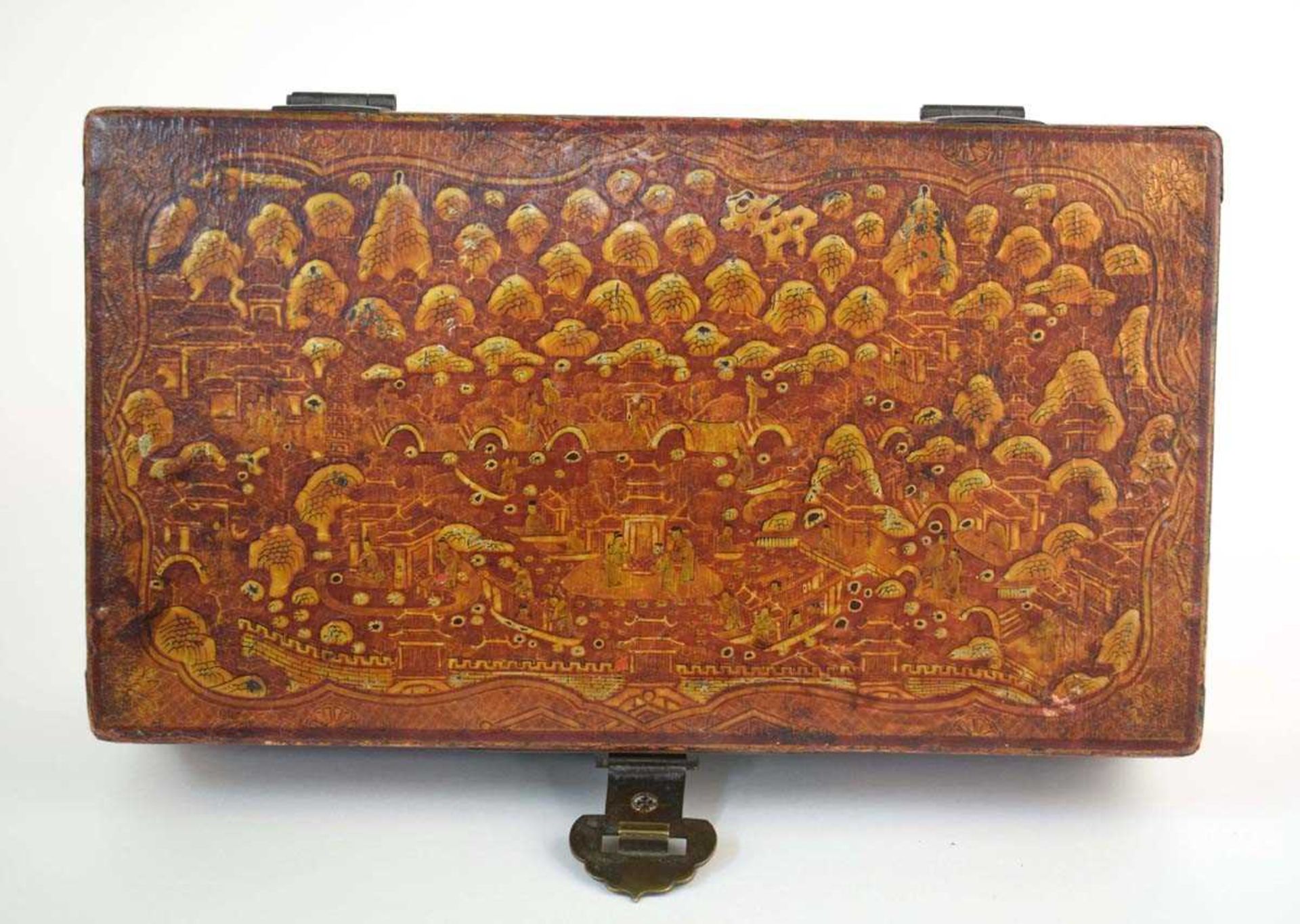 A Chinese lacquered box of rectangular form, gilt decorated with figures within an extensive - Image 2 of 5