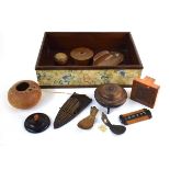 A mixed group of Oriental wooden collectables including a moustache comb, l. 12 cm, an ink stamp,