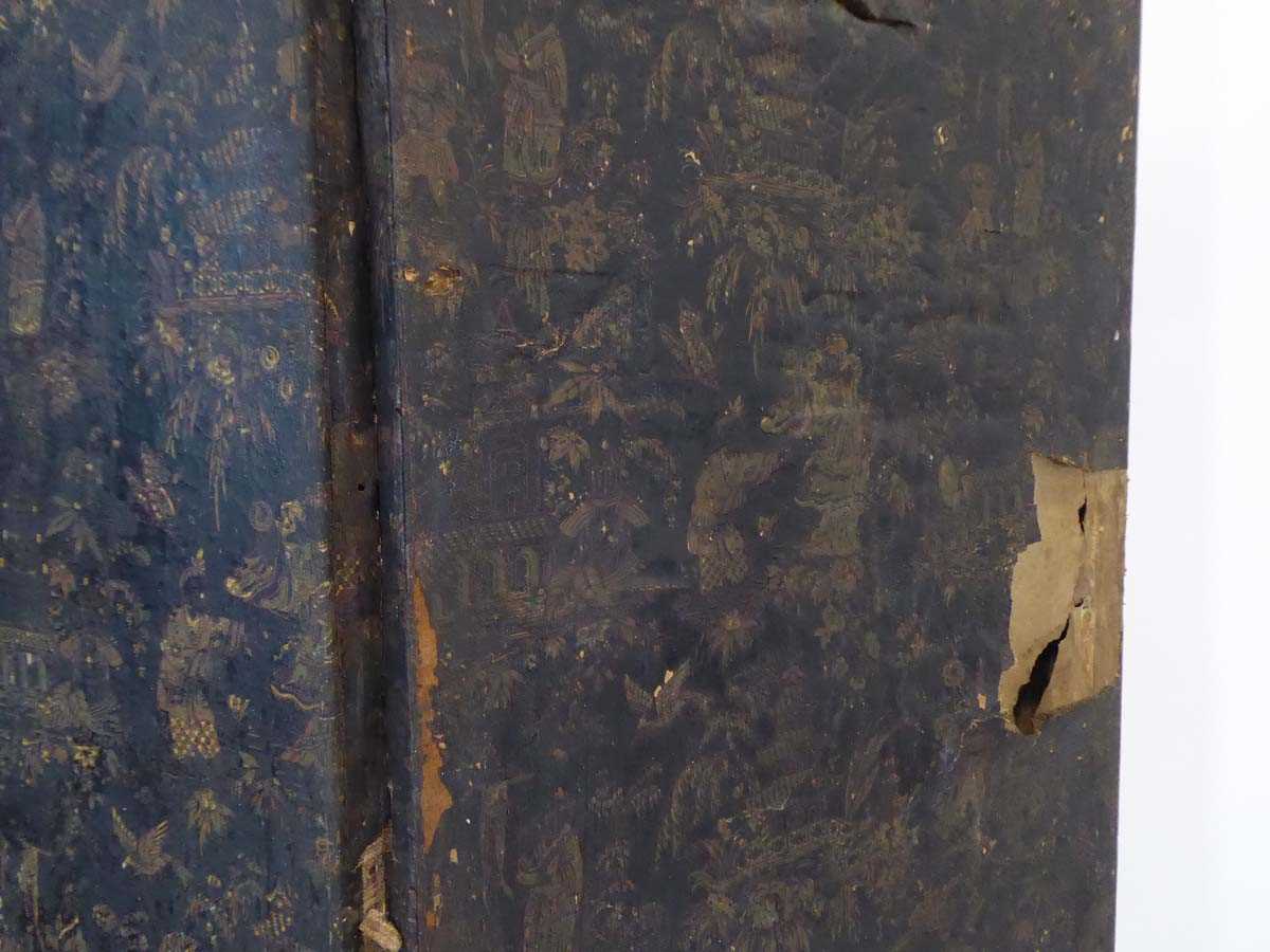 A chinoiserie two-fold screen or room divider, the tooled surface relief decorated with figures - Image 2 of 2