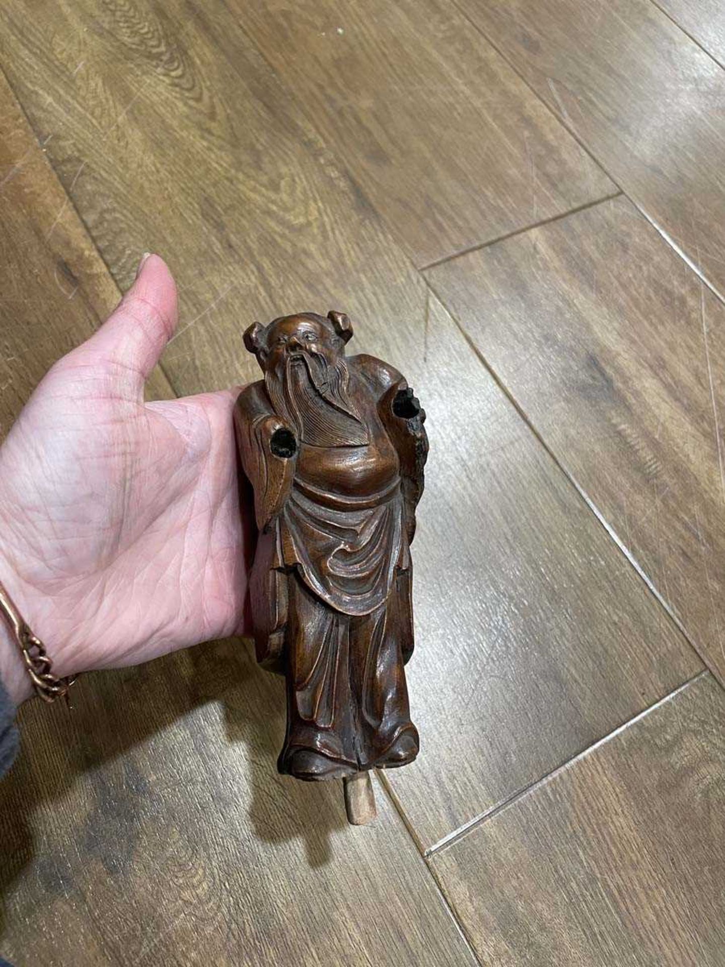 A Chinese carved wood figure modelled as a fisherman and his catch, h. 18 cm, together with ten - Image 56 of 62