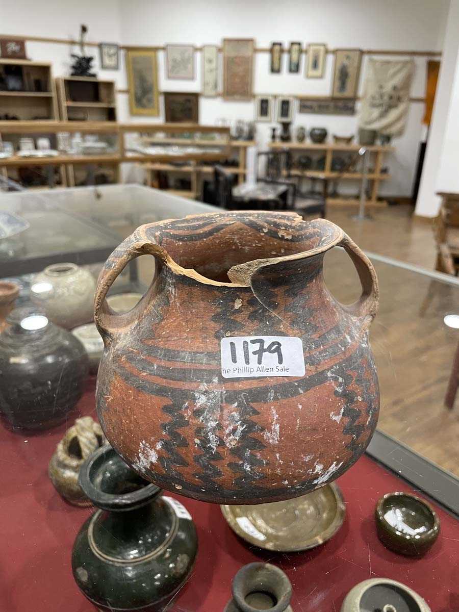 A Chinese archaic pottery two handled vase of typical form decorated in a black glaze, h. 18 cm, - Image 52 of 58