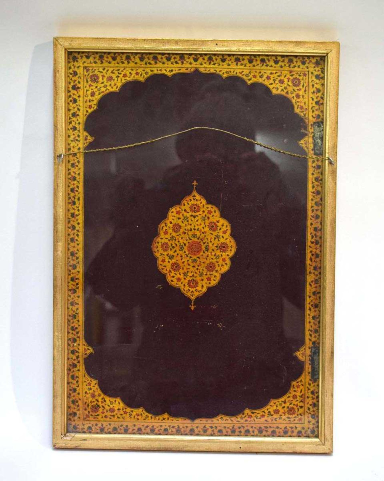 An Iranian book cover, gilt decorated with a cockerel and hen within a foliate ground, 40 x 27 cm, - Bild 7 aus 17