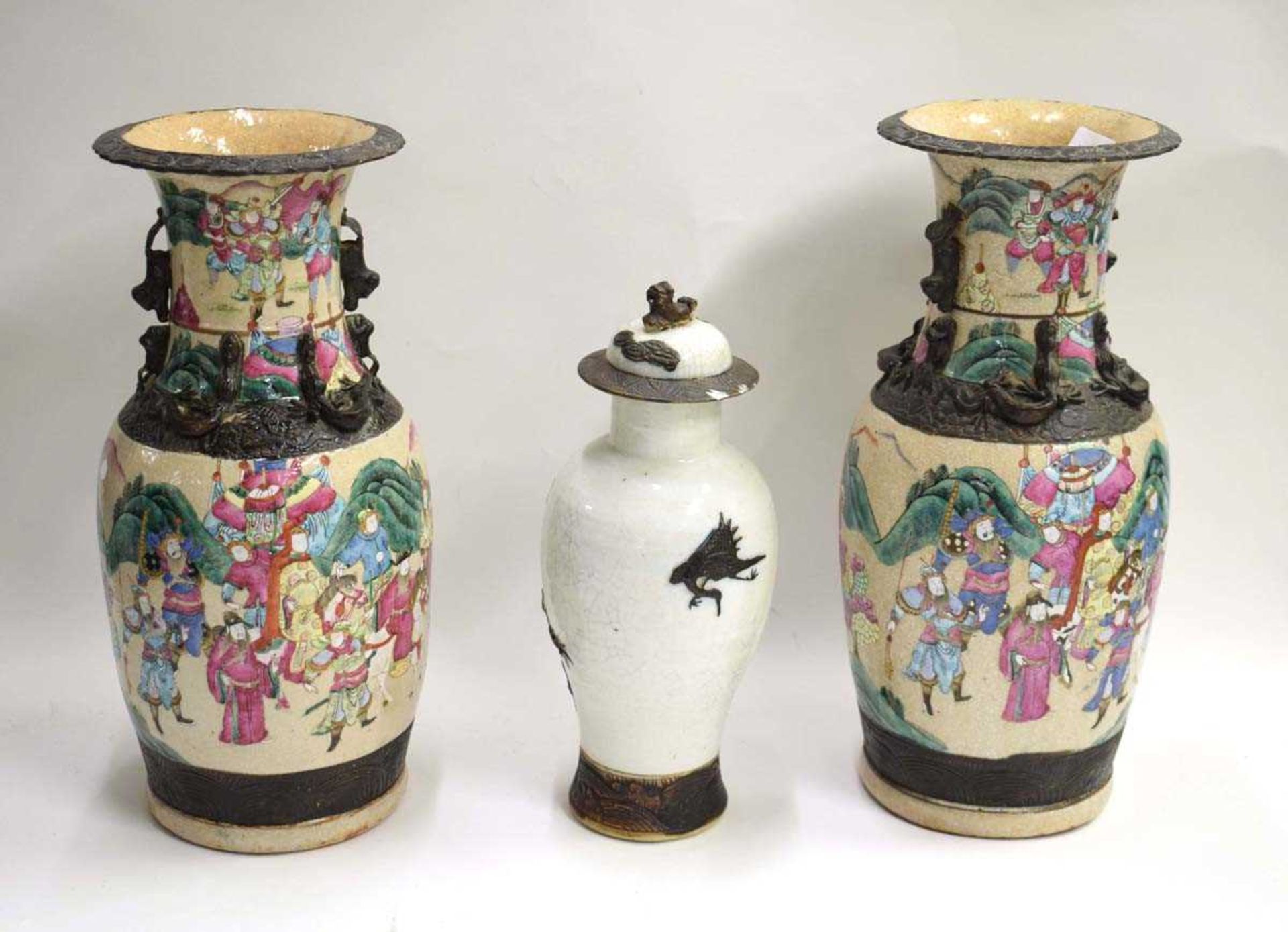A pair of Chinese baluster vases, each decorated in coloured enamels with a processional scene on - Image 2 of 3