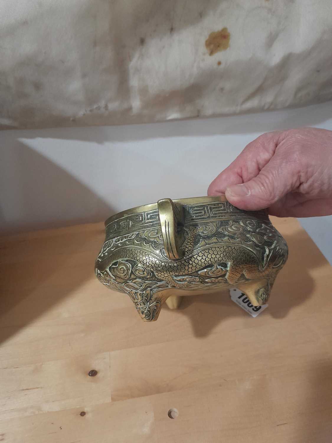 A 19th century Chinese bronze two handled censer relief decorated with stylised dragons on three - Image 6 of 15