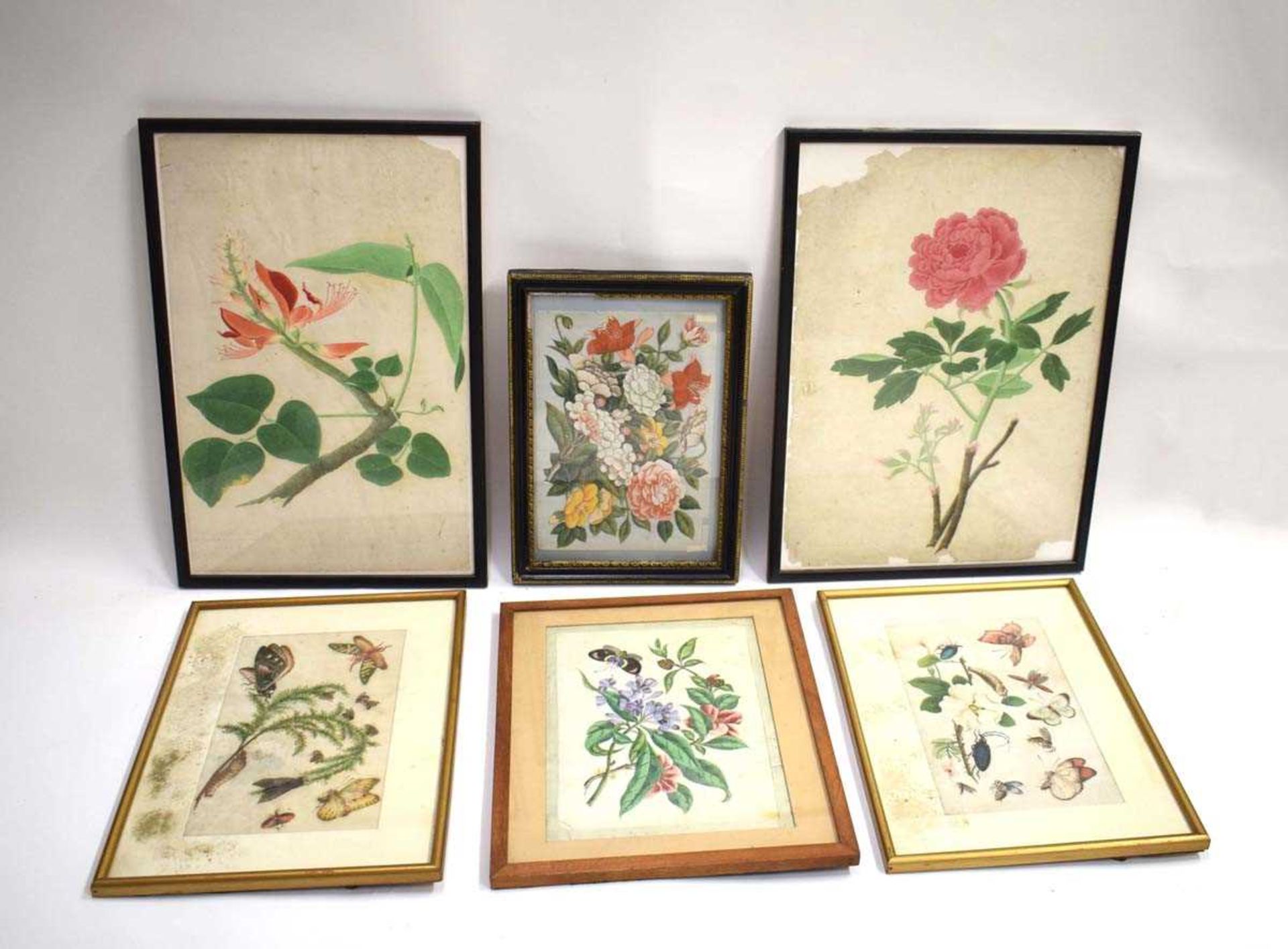 Four Chinese paintings on silk, each depicting floral blooms and insects, max. 16 x 23.5 cm,