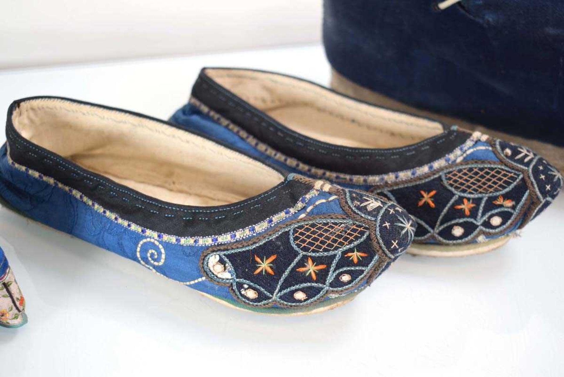 A pair of Chinese embroidered silk 'lotus' shoes, l. 11.5 cm, two further pairs of shoes and a - Image 3 of 14