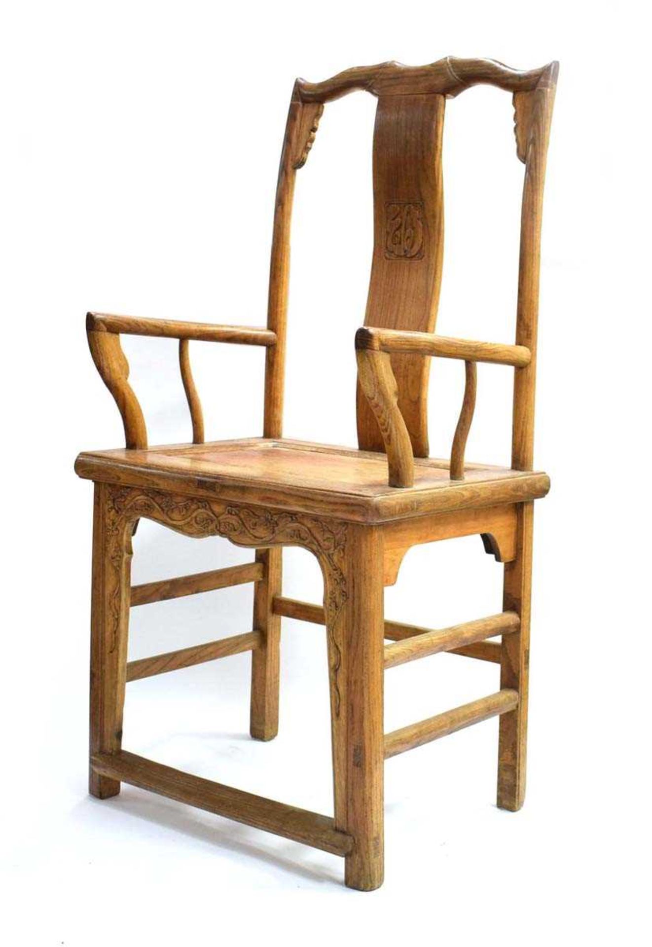 A pair of Chinese elm yoke back open armchairs, w. 56 cm, h. 114 cm, d. 44 cm (2) *from the