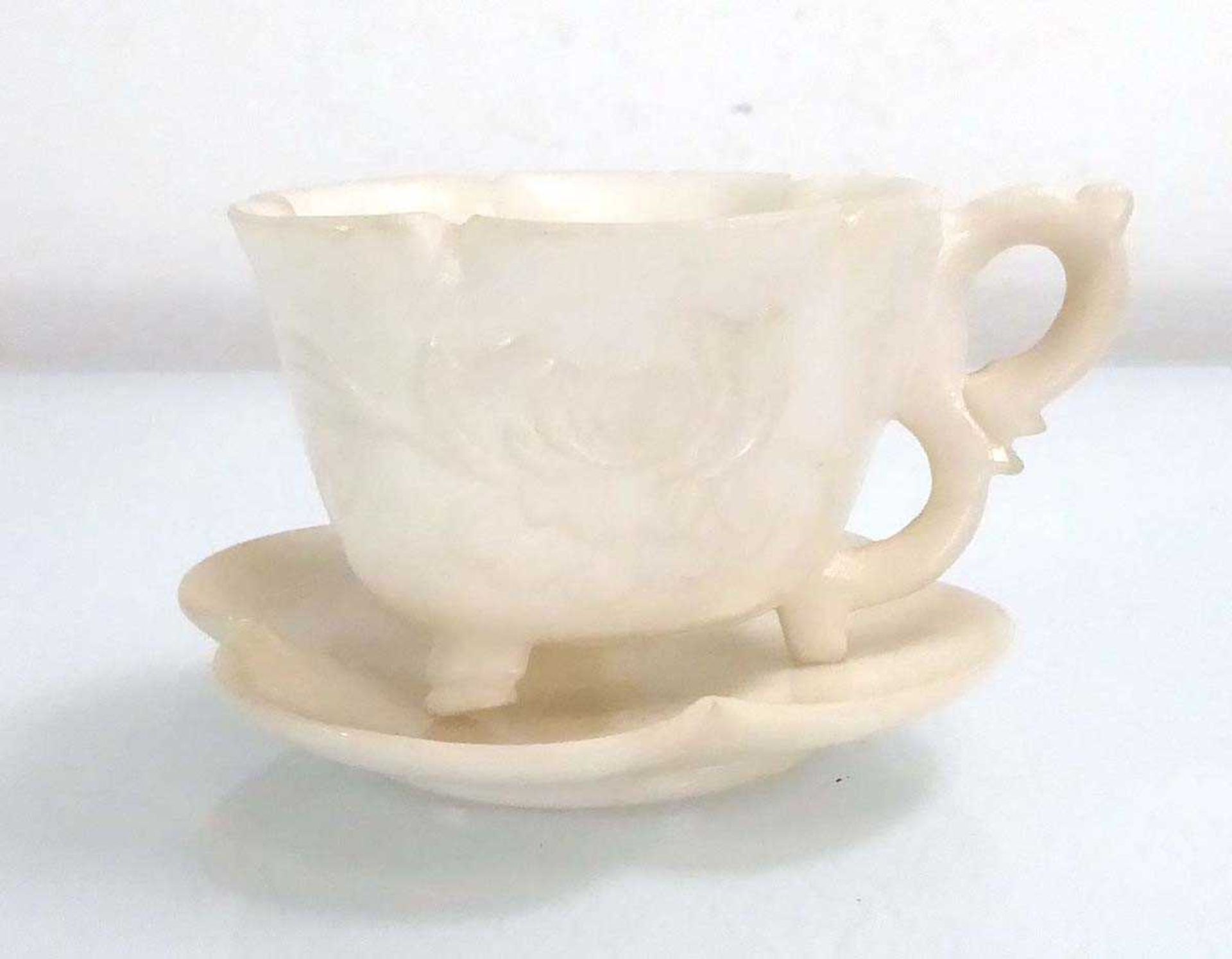 A Chinese carved white stone tea cup and saucer of lotus flower design, cup h. 4.5 cm (2) *from - Image 2 of 2