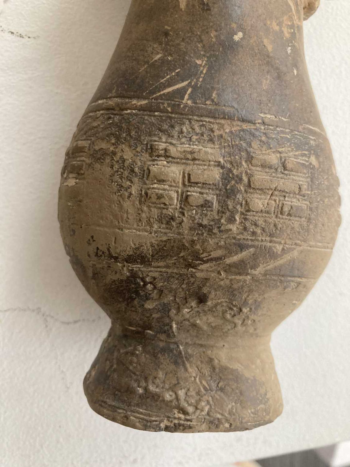 A Chinese archaic pottery arrow vase of typical form, h. 16 cm and a globular vase, relief decorated - Image 6 of 17