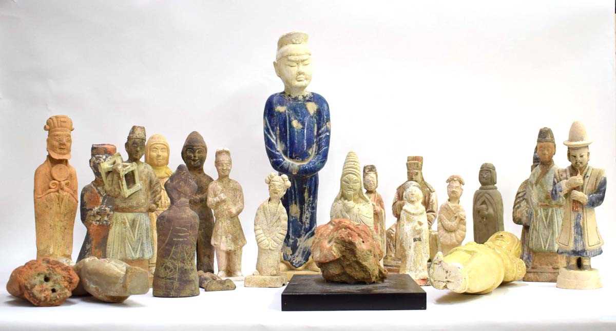 Twenty-three Chinese pottery tomb and other figures of varying sizes, including a mounted mask, l. - Image 4 of 36