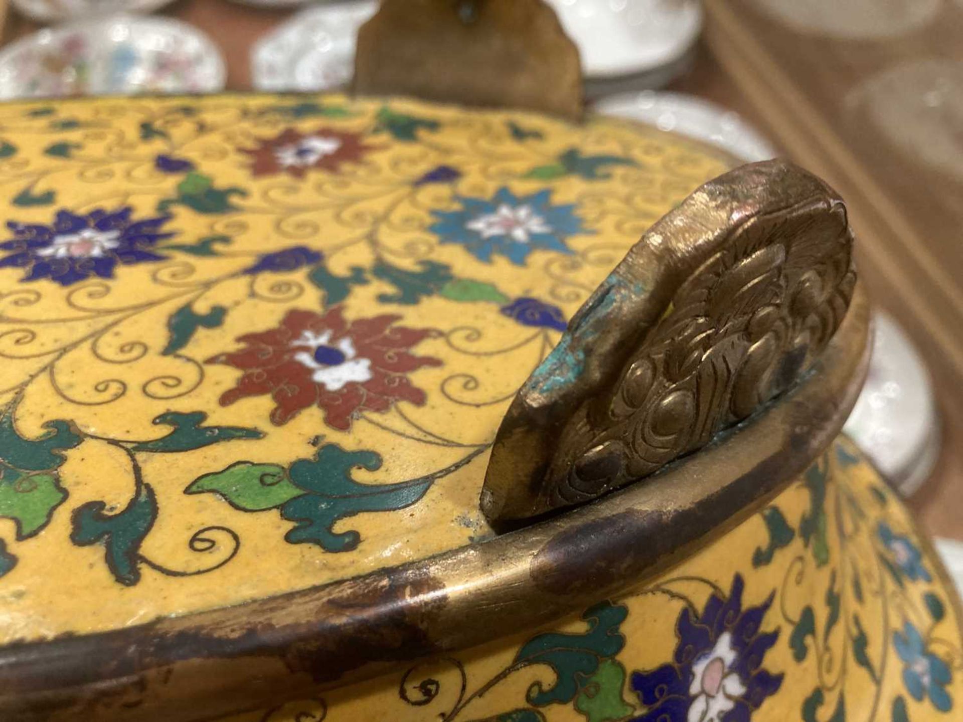 A 19th century Chinese cloisonné jardinière of oval form, decorated with floral motifs within a - Image 14 of 19