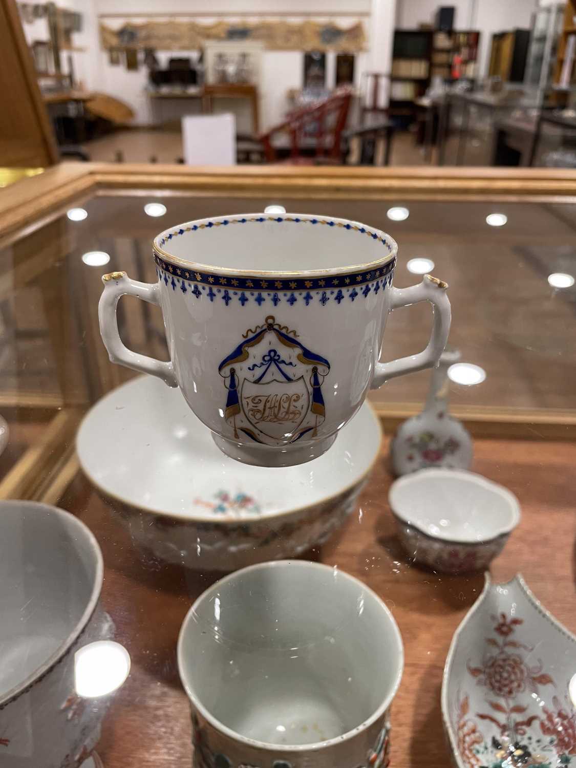 A Chinese Export armorial dish, decorated in coloured enamels with traditional figures and the (?) - Image 39 of 41