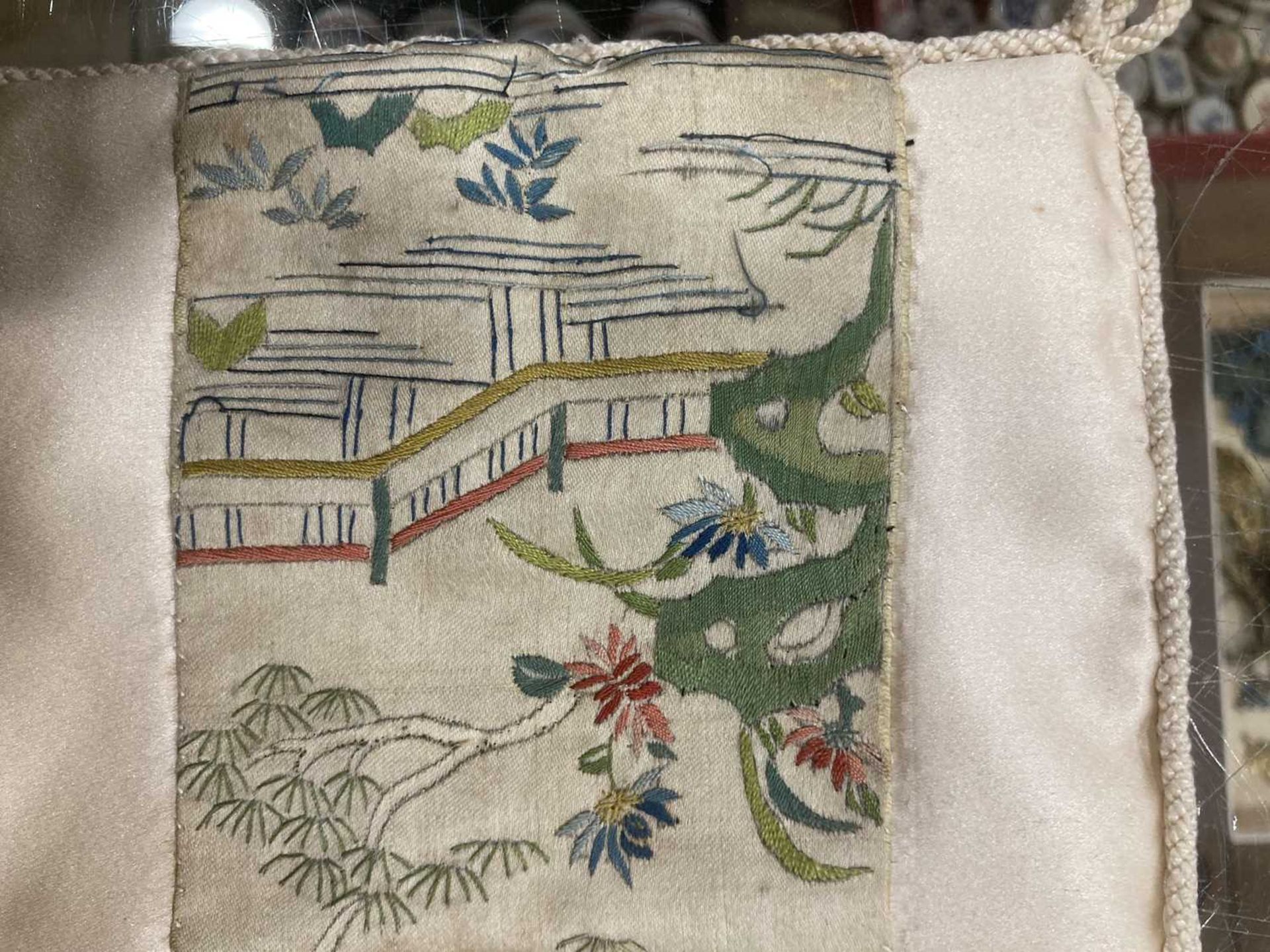 A Chinese silk panel embroidered with blossoms and butterflies, 94 x 34 cm, a machine made panel - Image 21 of 38