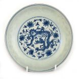 A Chinese blue and white shallow dish, centrally decorated with a dragon and lotus flowers, pseudo