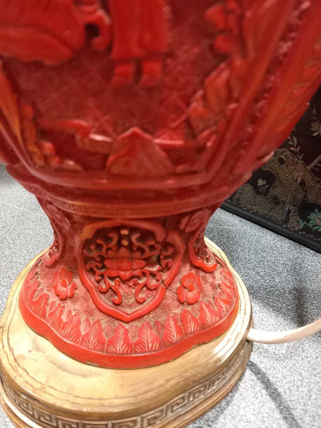 A Chinese cinnabar lacquer-type table lamp base, typically decorated with traditional landscapes and - Image 8 of 15