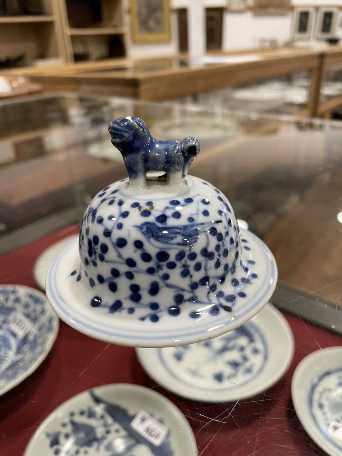 A Chinese blue and white blossom pattern brush pot of cylindrical form on a fixed hardwood base, - Image 7 of 54