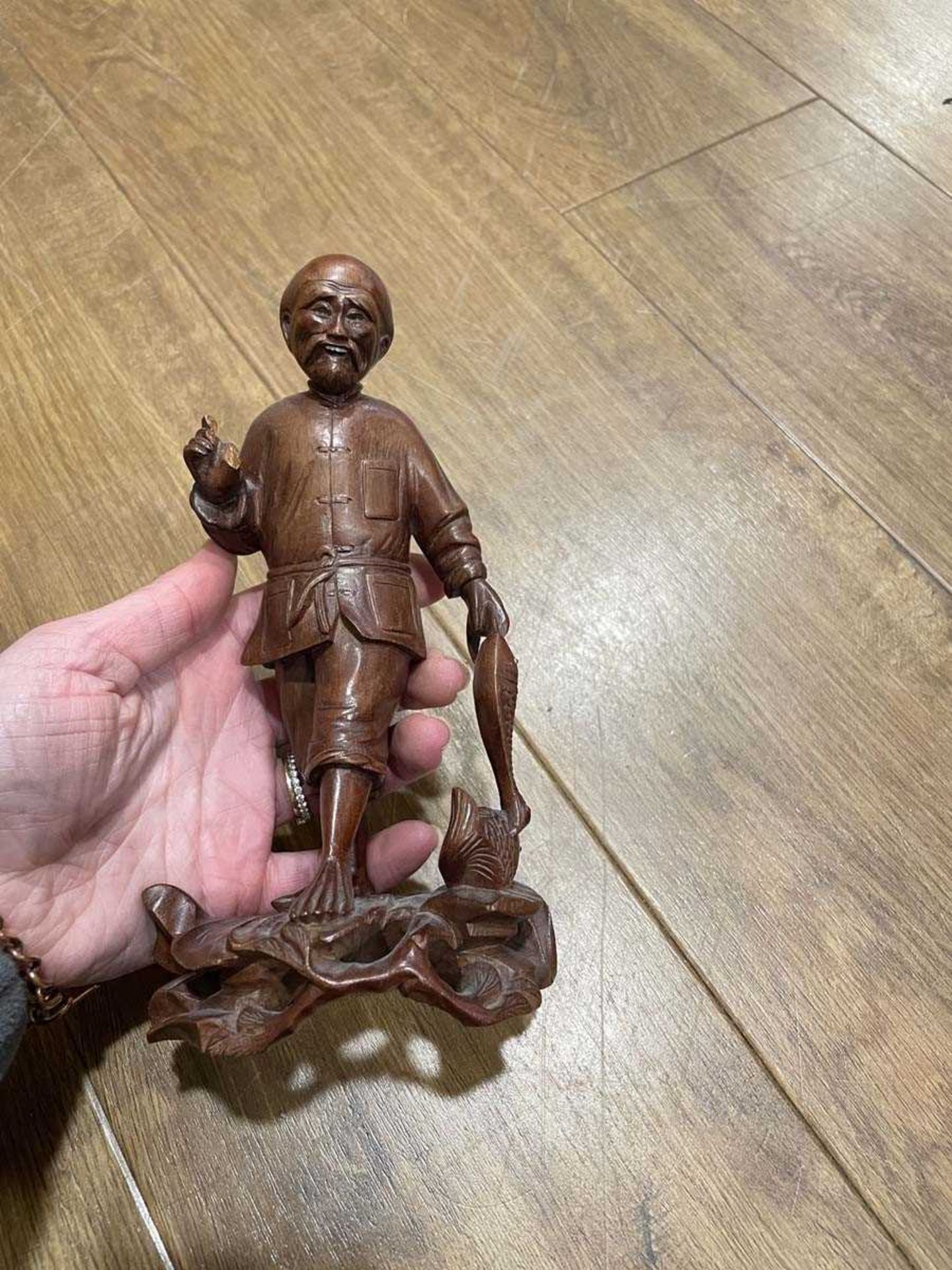 A Chinese carved wood figure modelled as a fisherman and his catch, h. 18 cm, together with ten - Image 12 of 62