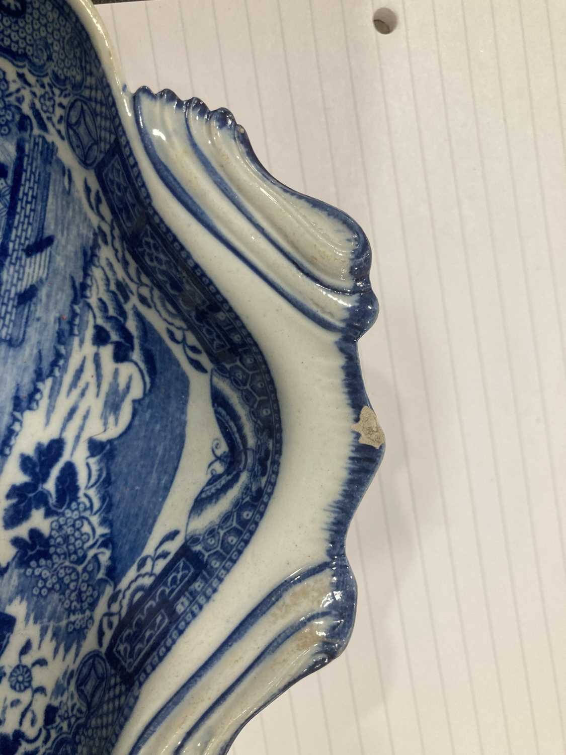 A Chinese blue and white leaf shaped dish decorated with an extensive landscape within a foliate - Image 9 of 12