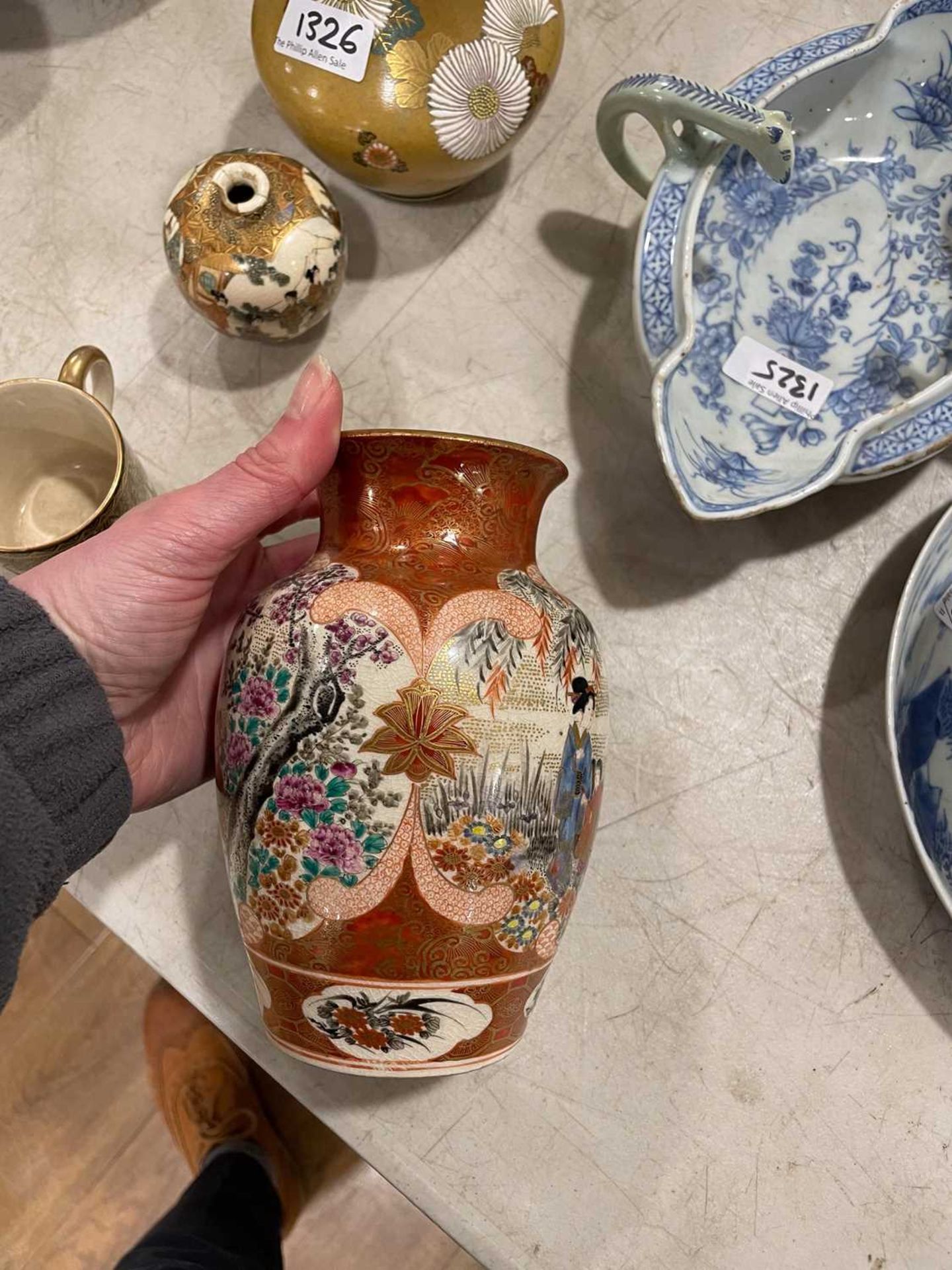 A Japanese satsuma bowl of flowerhead form, centrally decorated with peacocks within a landscape, - Image 22 of 41