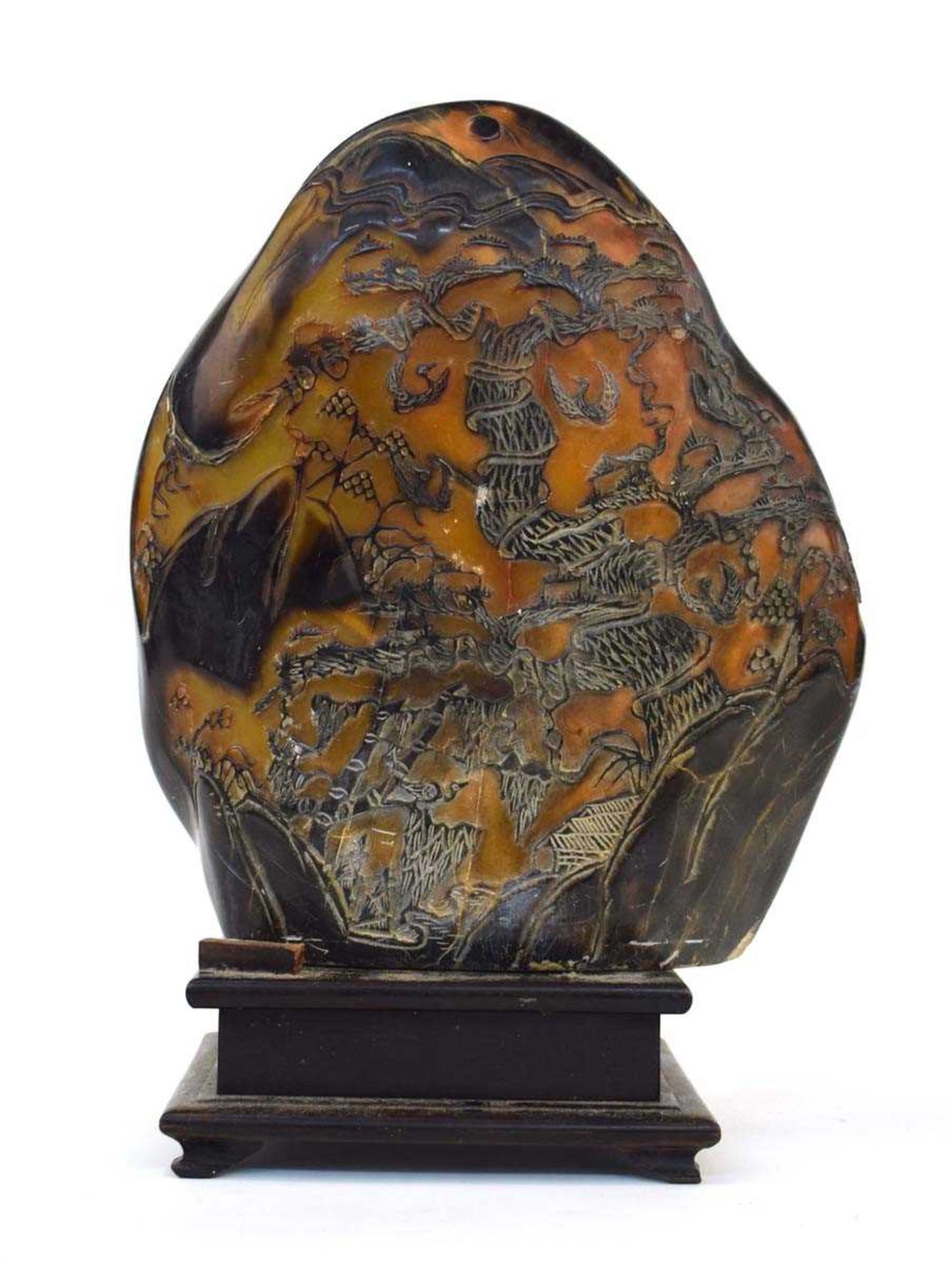 A Chinese carved soapstone ornament of natural form, carved with pine trees within an extensive - Image 2 of 8