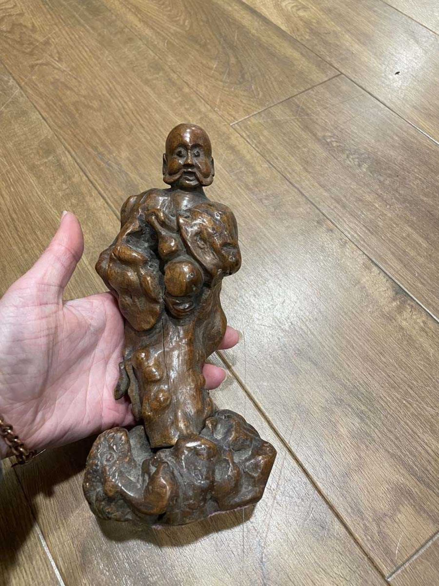 A Chinese carved wood figure modelled as a fisherman and his catch, h. 18 cm, together with ten - Bild 17 aus 62