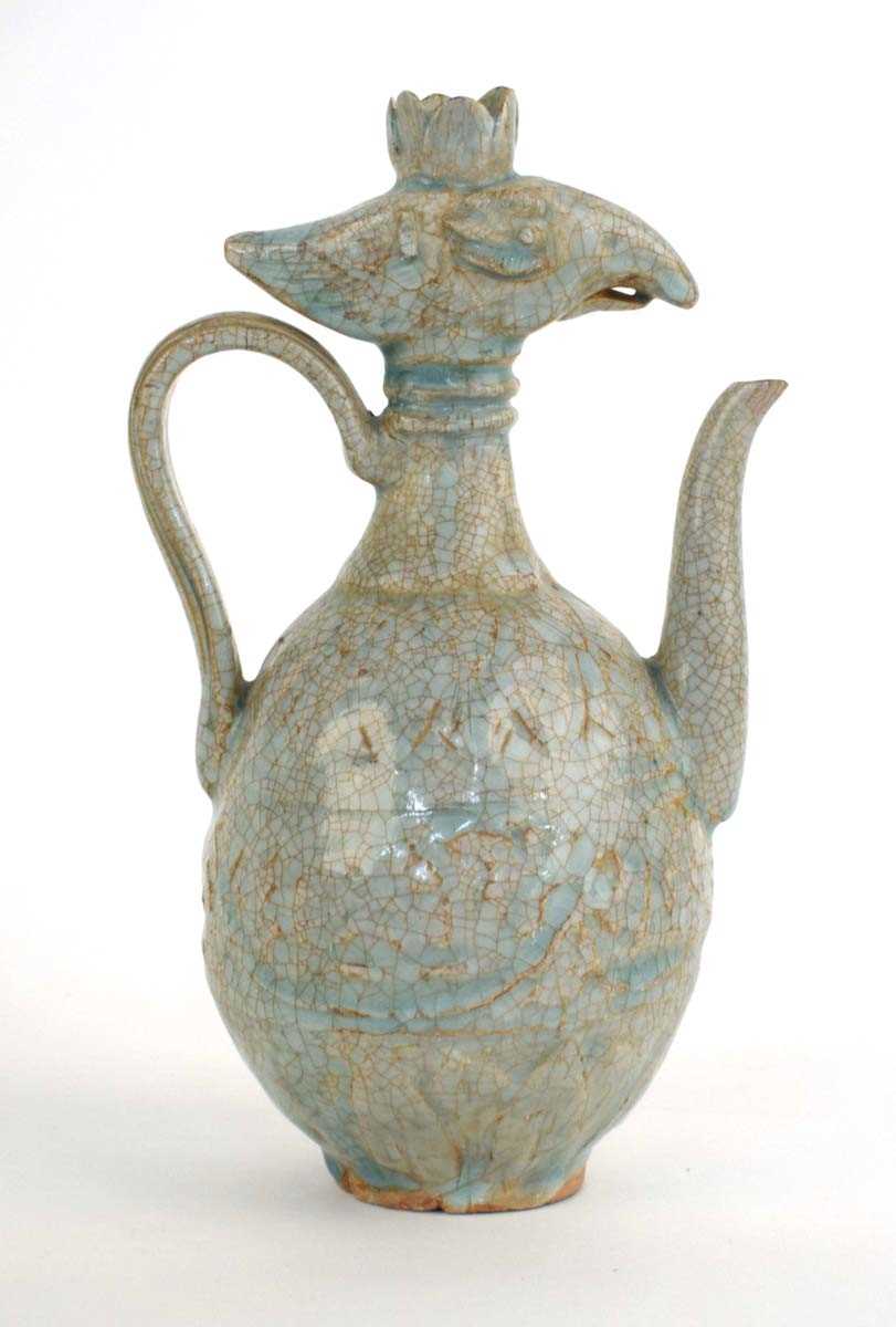 A Chinese celadon teapot with stylised bird's head finial, h. 22.5 cm *from the collection of - Image 2 of 3