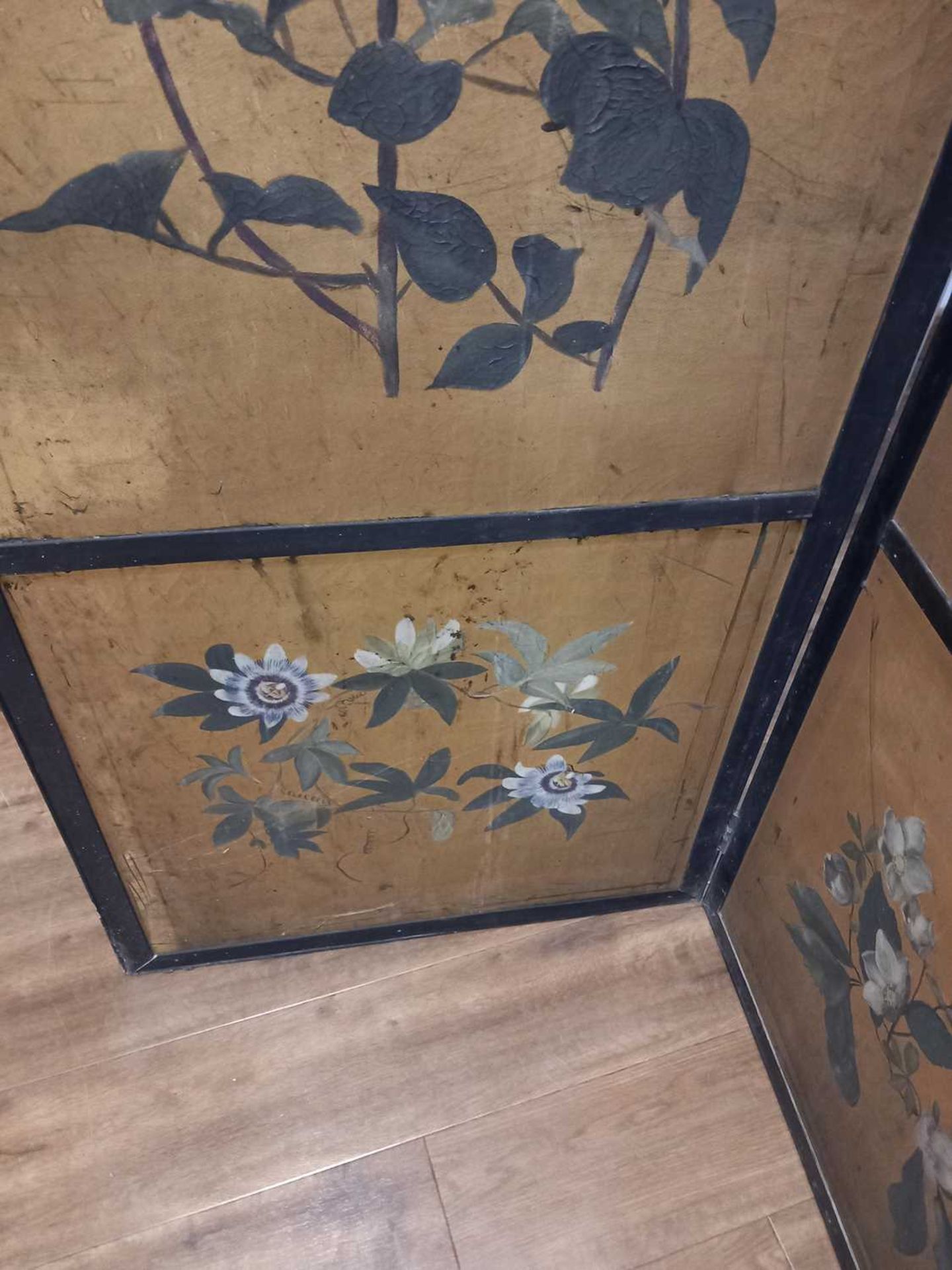 A Japanese four section screen, each panel gilt decorated with floral sprays within a black - Image 14 of 21