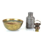 A Chinese brass singing bowl of typical form, d. 19.5 cm, a pewter canister and a small brass basket