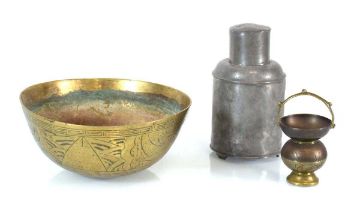 A Chinese brass singing bowl of typical form, d. 19.5 cm, a pewter canister and a small brass basket