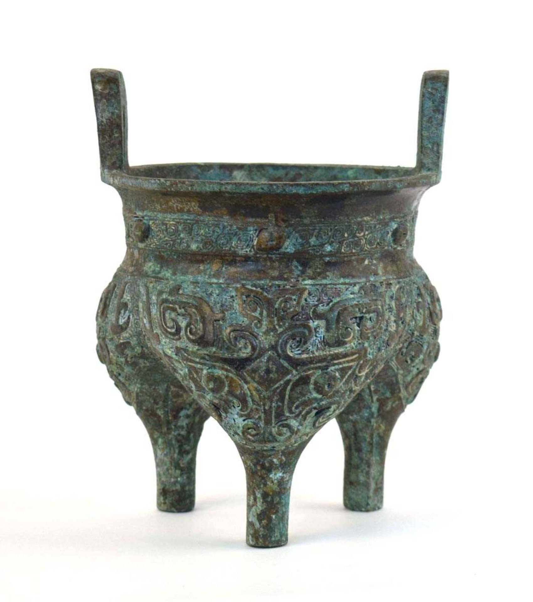 A Chinese green patinated bronze incense burner of archaic form, the triform base decorated with - Image 2 of 29