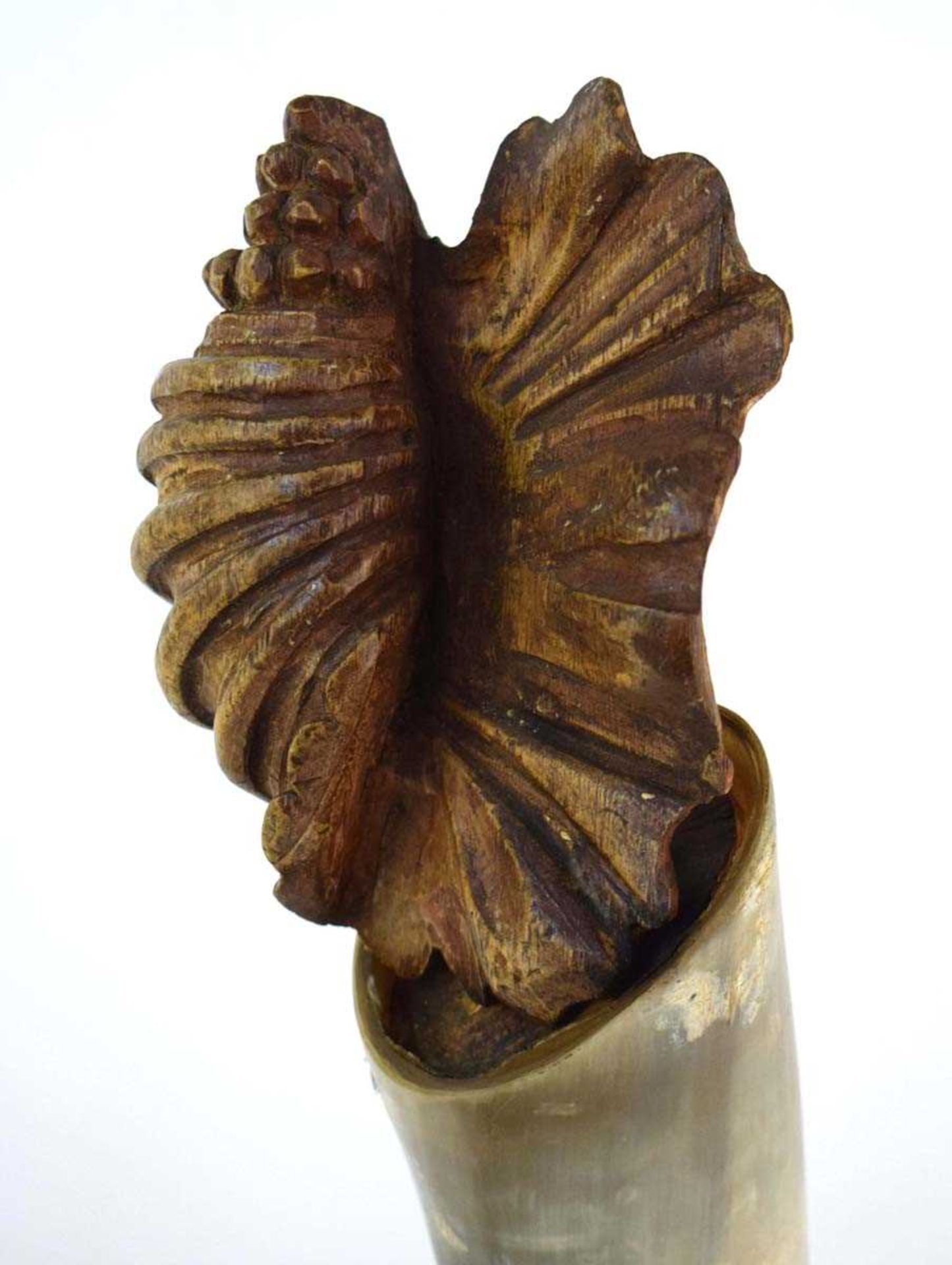A Chinese carved hardwood stand modelled as stylised leaves supporting a horn, h. 69.5 cm *from - Image 2 of 3
