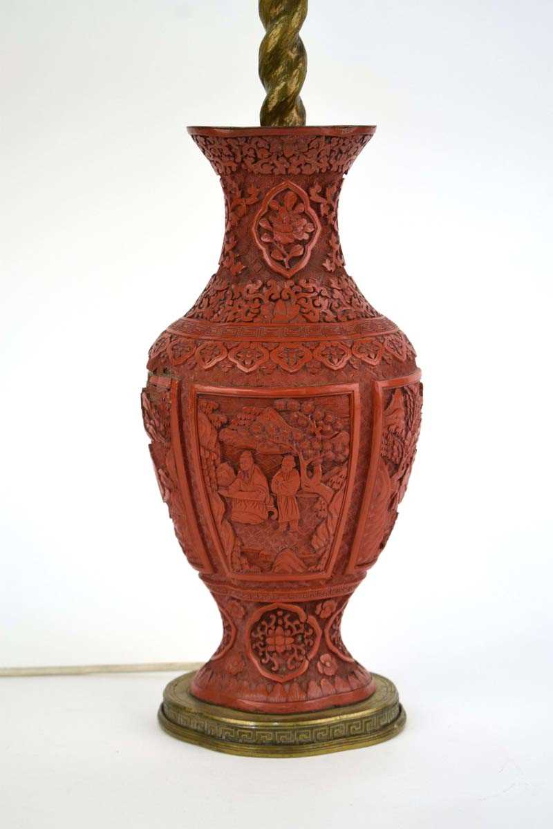 A Chinese cinnabar lacquer-type table lamp base, typically decorated with traditional landscapes and - Image 2 of 15