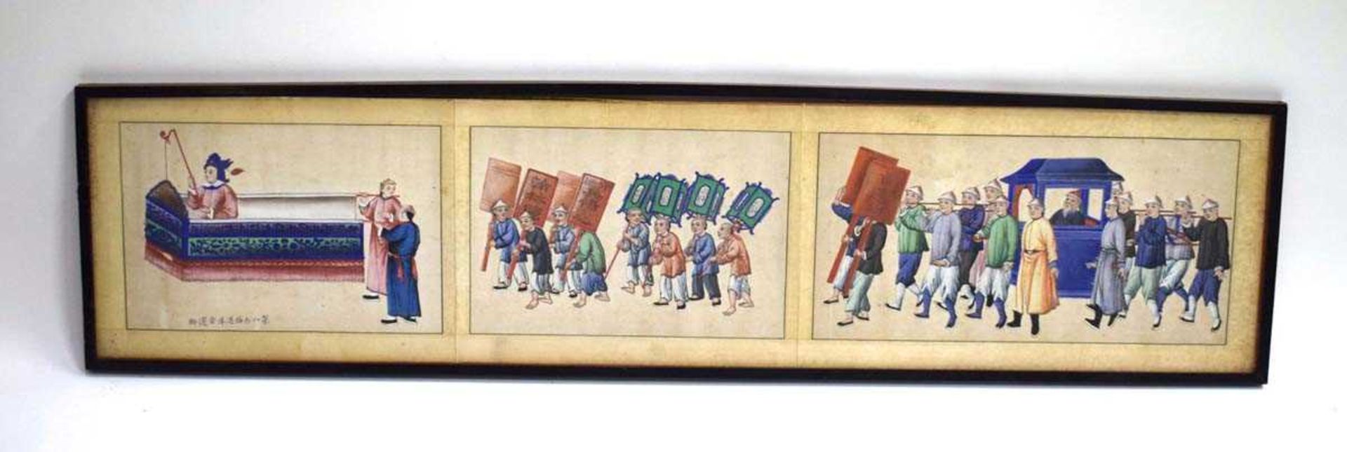 A set of three Chinese paintings, each depicting a processional scene, overall 18 x 82.5 cm, - Image 10 of 25