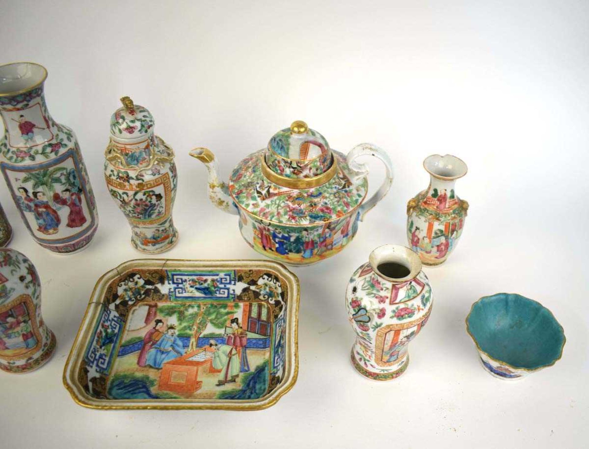 A Cantonese teapot and cover of squat form, typically decorated in coloured enamels with traditional - Image 4 of 70